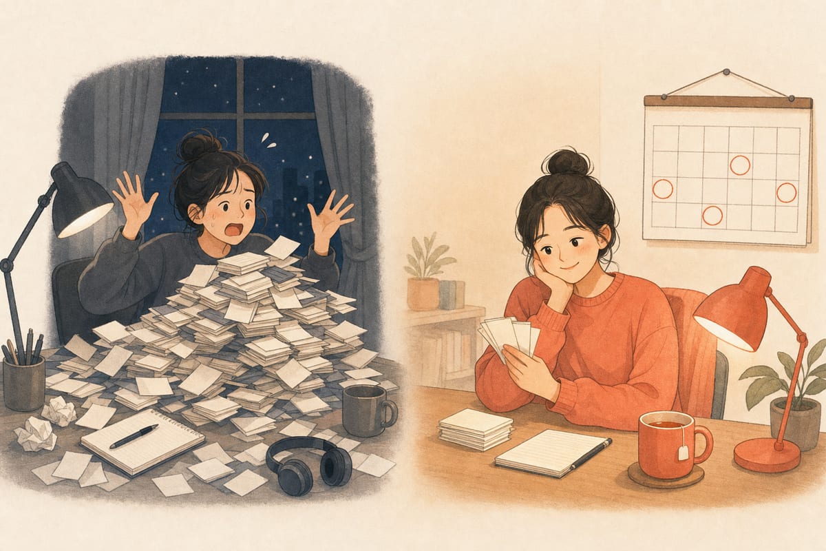 한 번에 몰아서 외운 경우와 며칠에 나눠서 다시 본 경우를 나란히 비교한 그림