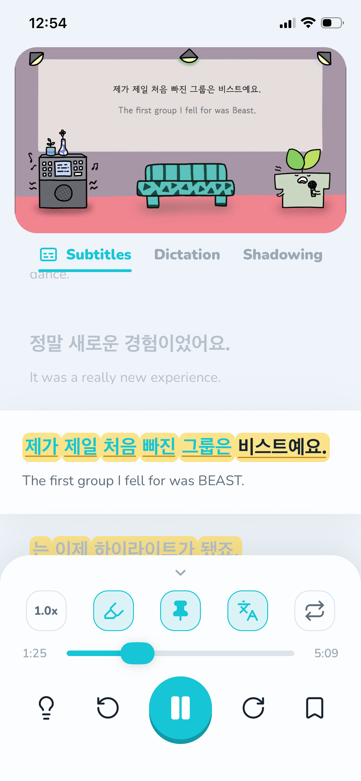 The TubeLingo app studying a Korean line with its English translation